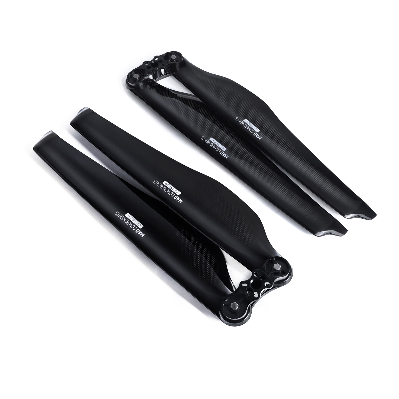 MAD FLUXER Pro glossy carbon fiber folding propeller set with two black blades and mounting hubs, 28.2x9.2in