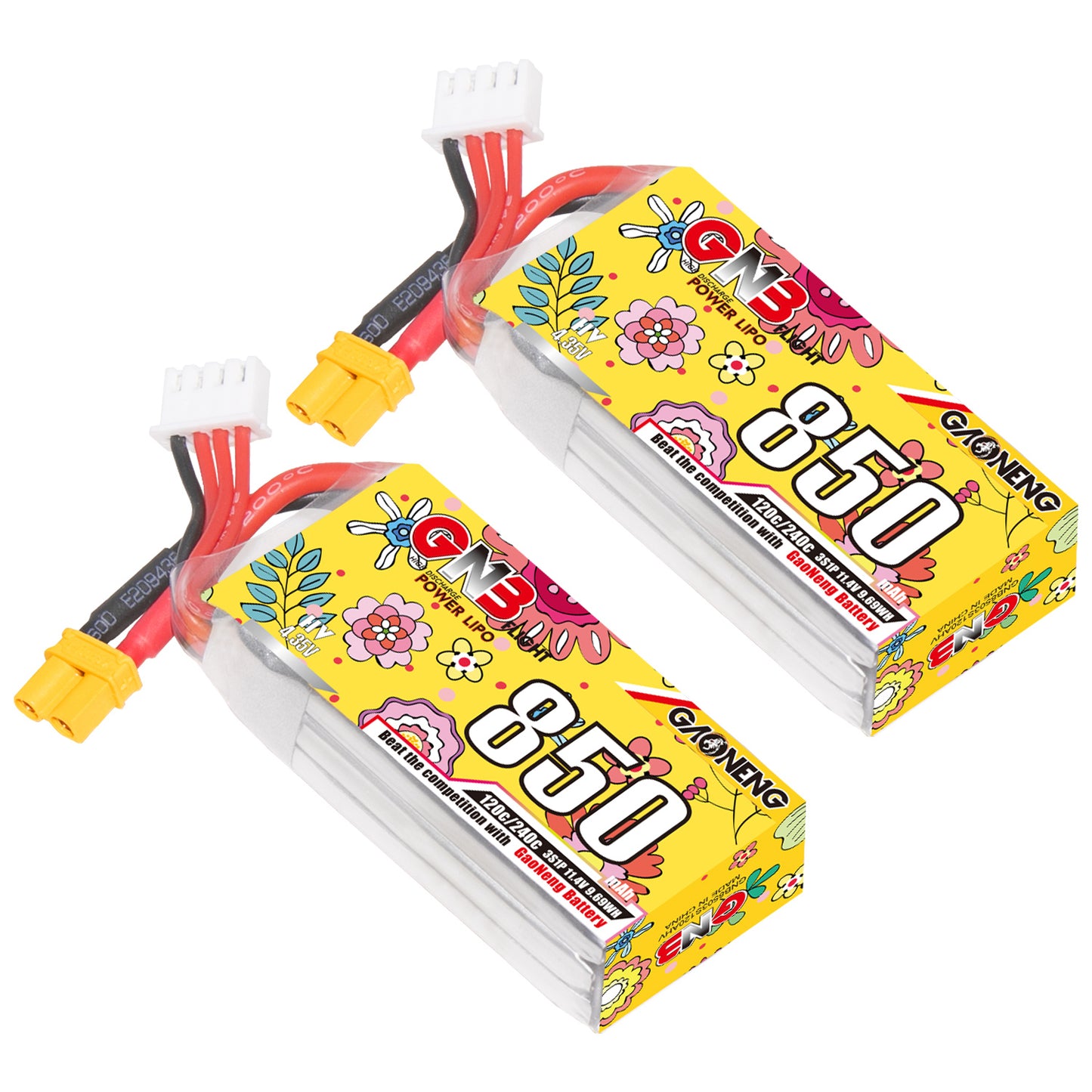 GAONENG GNB 850mAh 3S 11.4V LiHV 120C XT30 LiPo battery pack, two units with balance leads