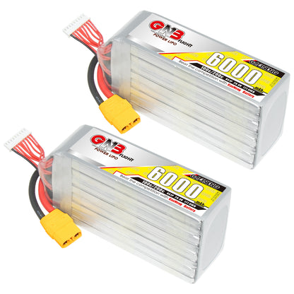 Two GNB 6000mAh LiPo battery packs shown together with yellow XT90 connectors and balance leads