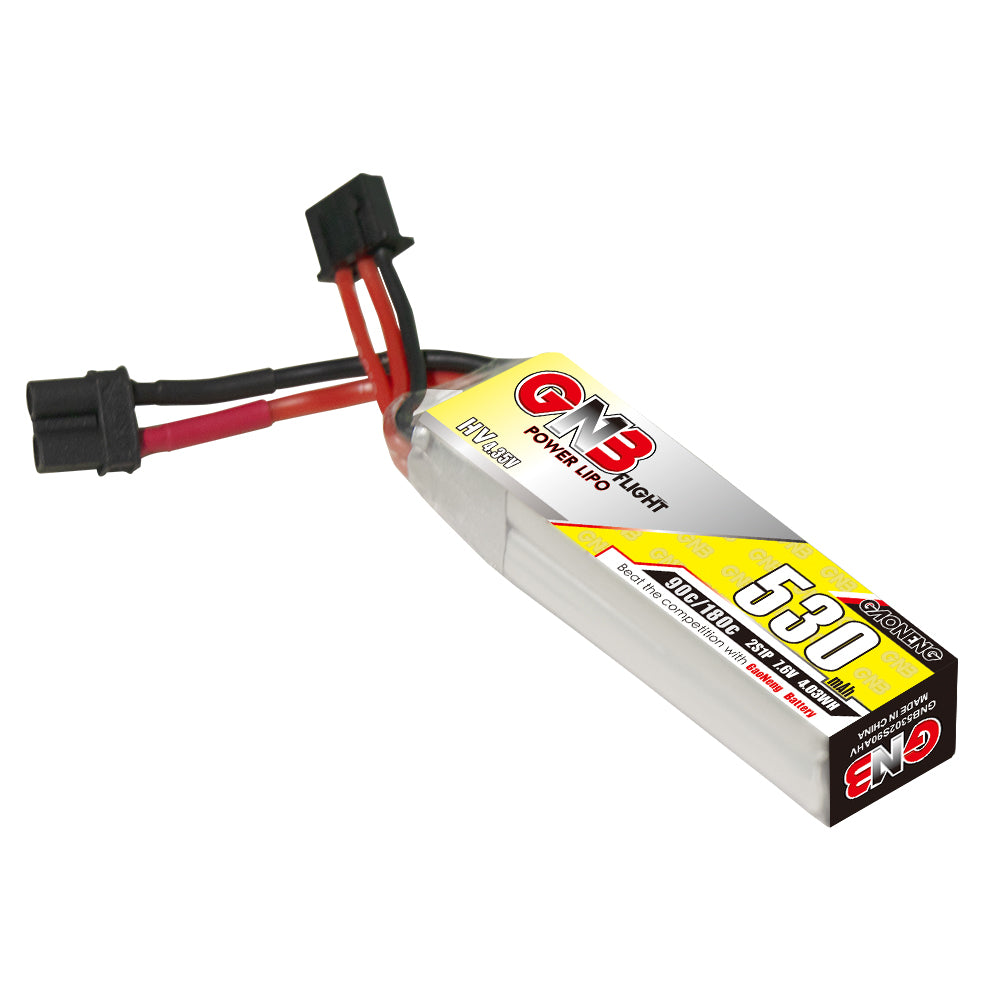 Single GNB 530mAh long LiPo battery angled view showing XT30 connector and balance plug