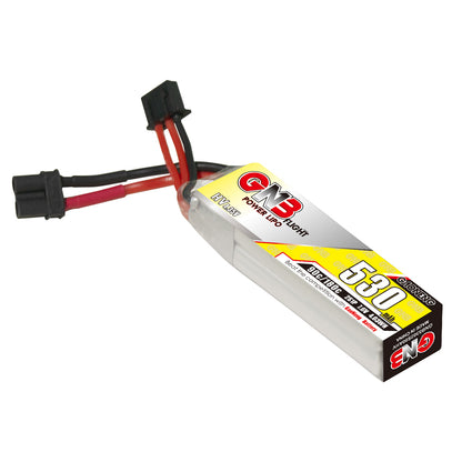 Single GNB 530mAh long LiPo battery angled view showing XT30 connector and balance plug