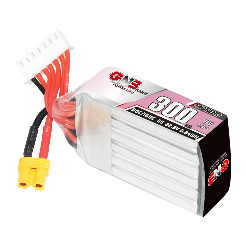 Angled view of GNB 300mAh 6S LiHV battery showing XT30 power lead and 6S balance plug