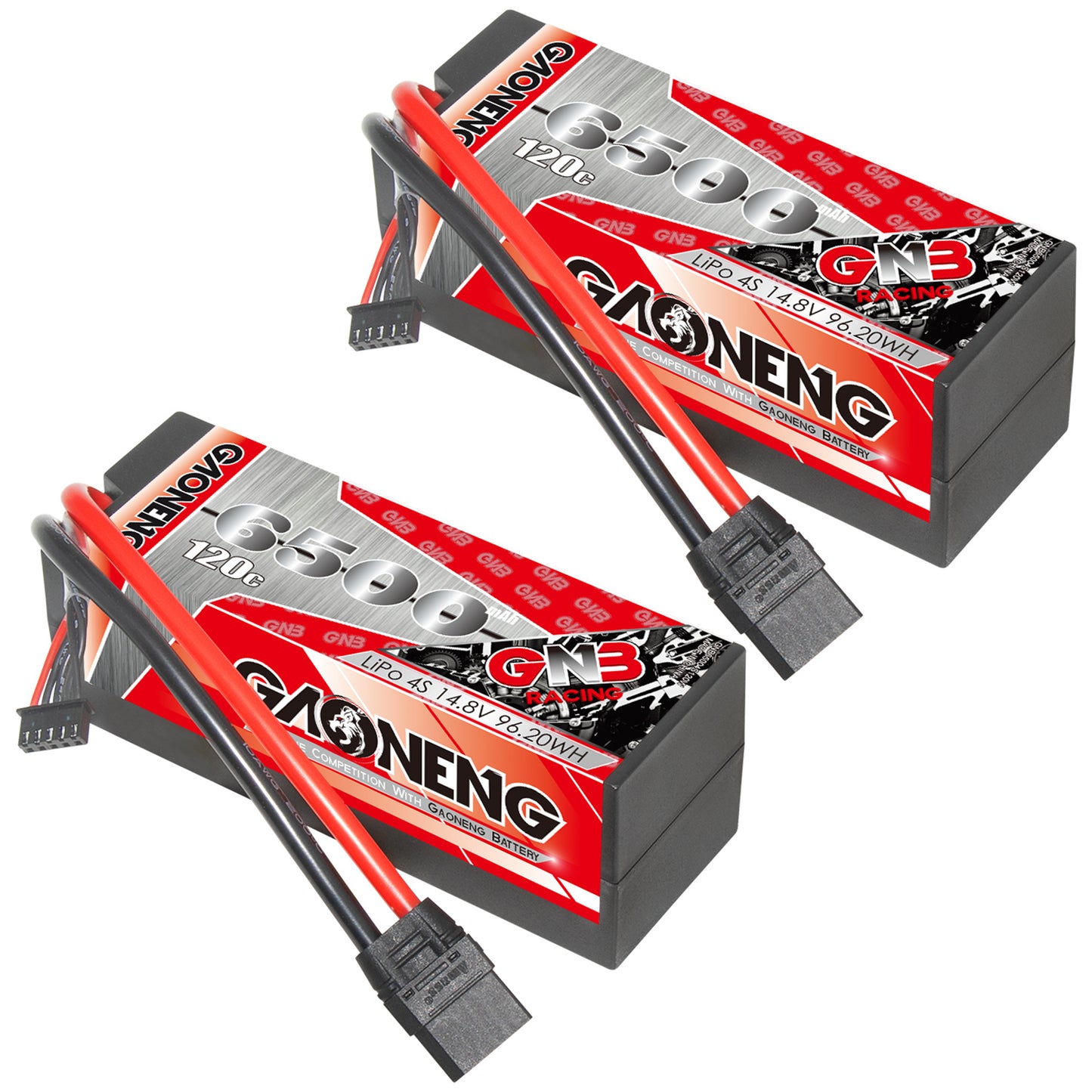 Two GAONENG GNB 4S 6500mAh 120C hard case LiPo batteries with XT90 connectors
