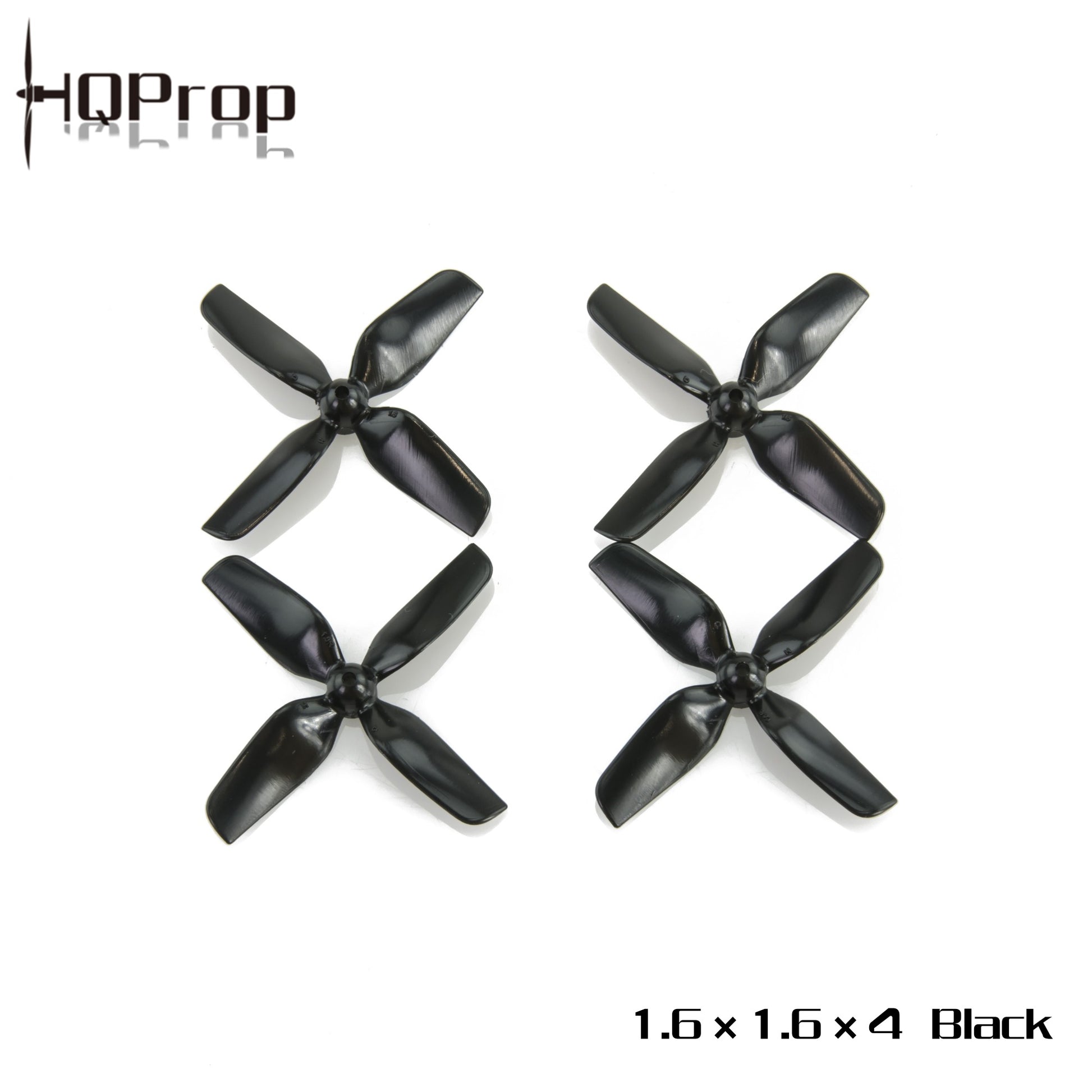HQProp 1.6x1.6x4 black 4-blade micro whoop propellers, four-piece set on white background