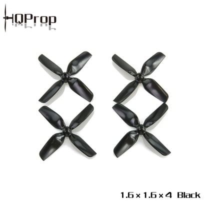 HQProp 1.6x1.6x4 black 4-blade micro whoop propellers, four-piece set on white background