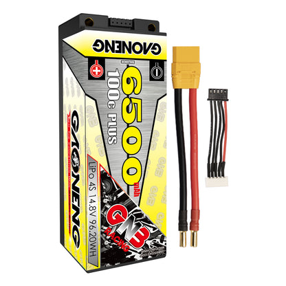 GNB 4S 14.8V 6500mAh 100C hard case LiPo battery with yellow plug lead, 5mm bullets and balance lead
