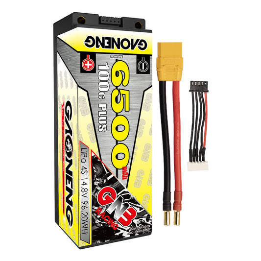 GNB 4S 14.8V 6500mAh 100C hard case LiPo battery with yellow plug lead, 5mm bullets and balance lead