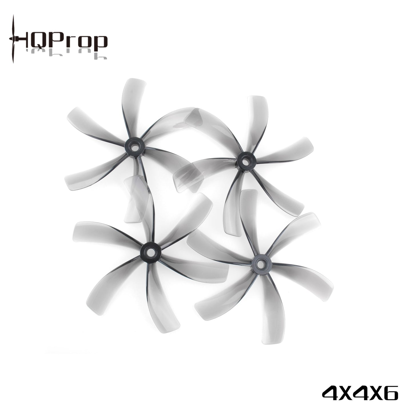 HQProp 4X4X6 propeller set layout showing four grey 6-blade cinewhoop props (2CW + 2CCW)