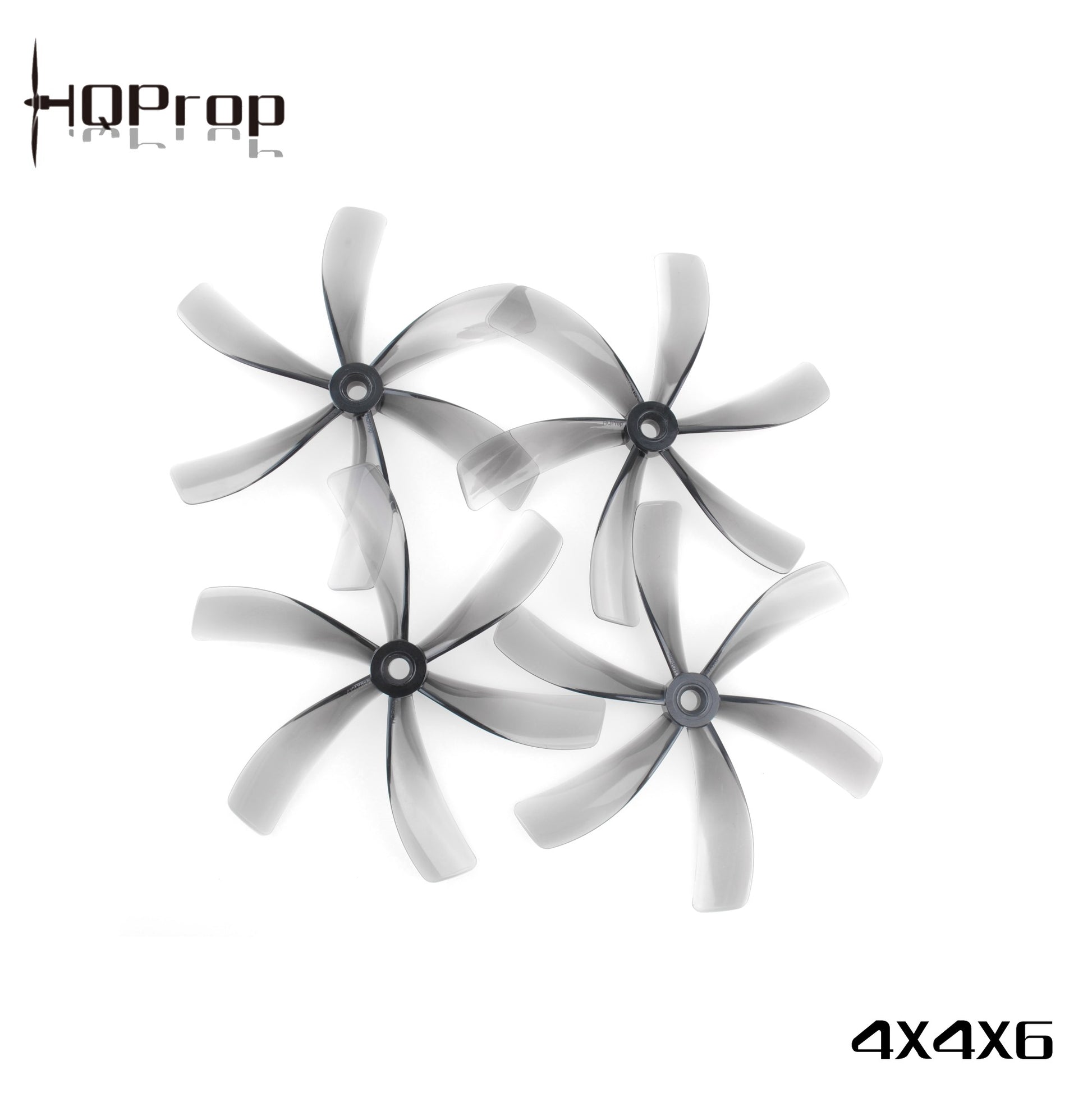 HQProp 4X4X6 propeller set layout showing four grey 6-blade cinewhoop props (2CW + 2CCW)