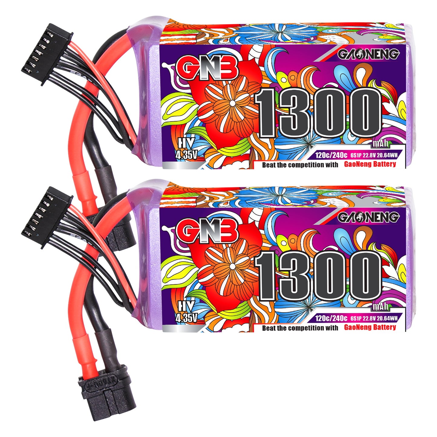 GAONENG GNB1300 6S 22.8V 1300mAh 120C LiHV LiPo battery with XT60 lead, twin pack front view