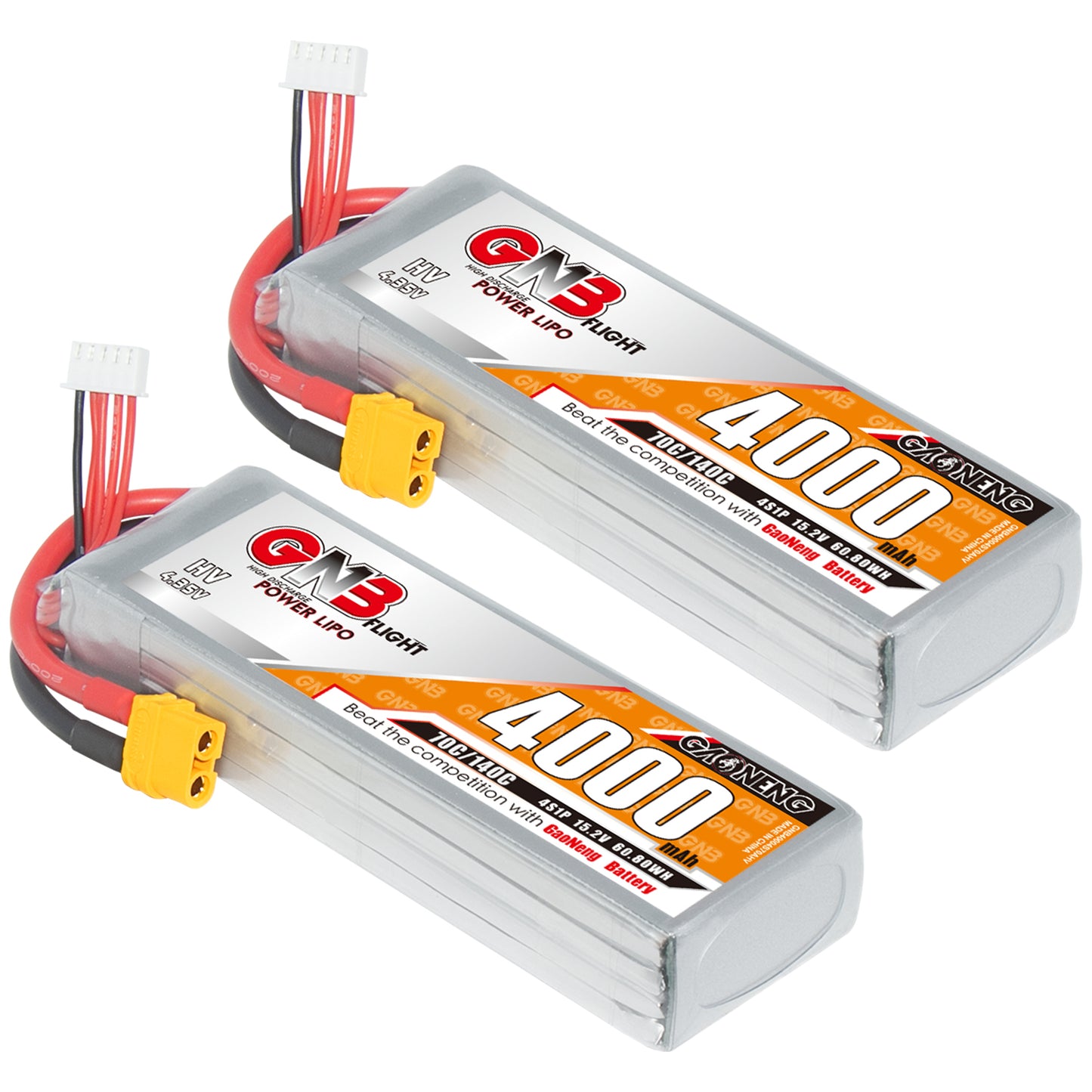 Two GNB 4000mAh 4S LiHV LiPo batteries with XT60 connectors shown at an angle
