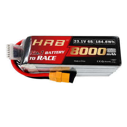HRB 6S 23.1V 8000mAh HV LiPo battery 100C 184.8Wh label, yellow main plug and JST-XH balance lead