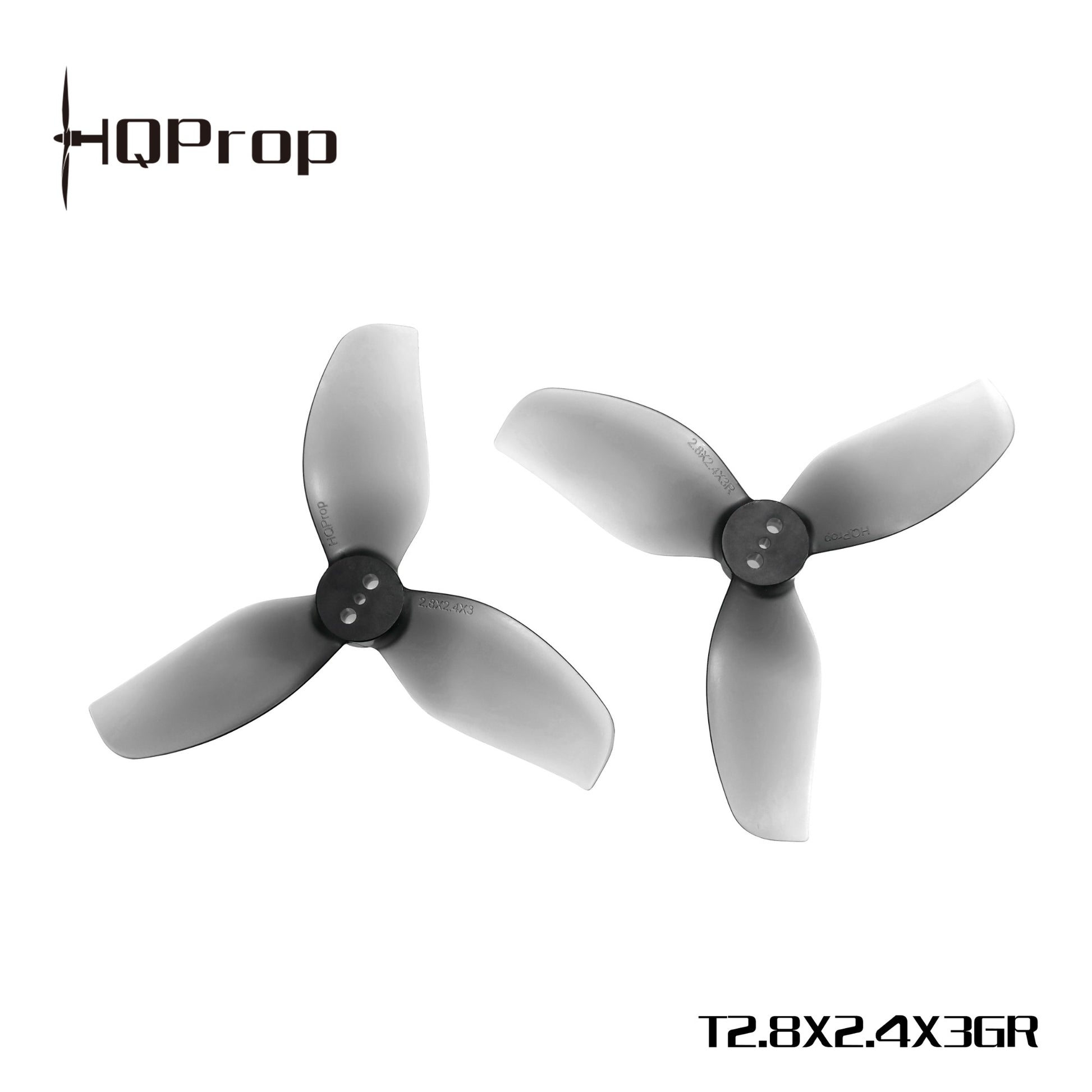 HQProp grey tri-blade propellers with HQProp logo and model text T2.8X2.4X3GR