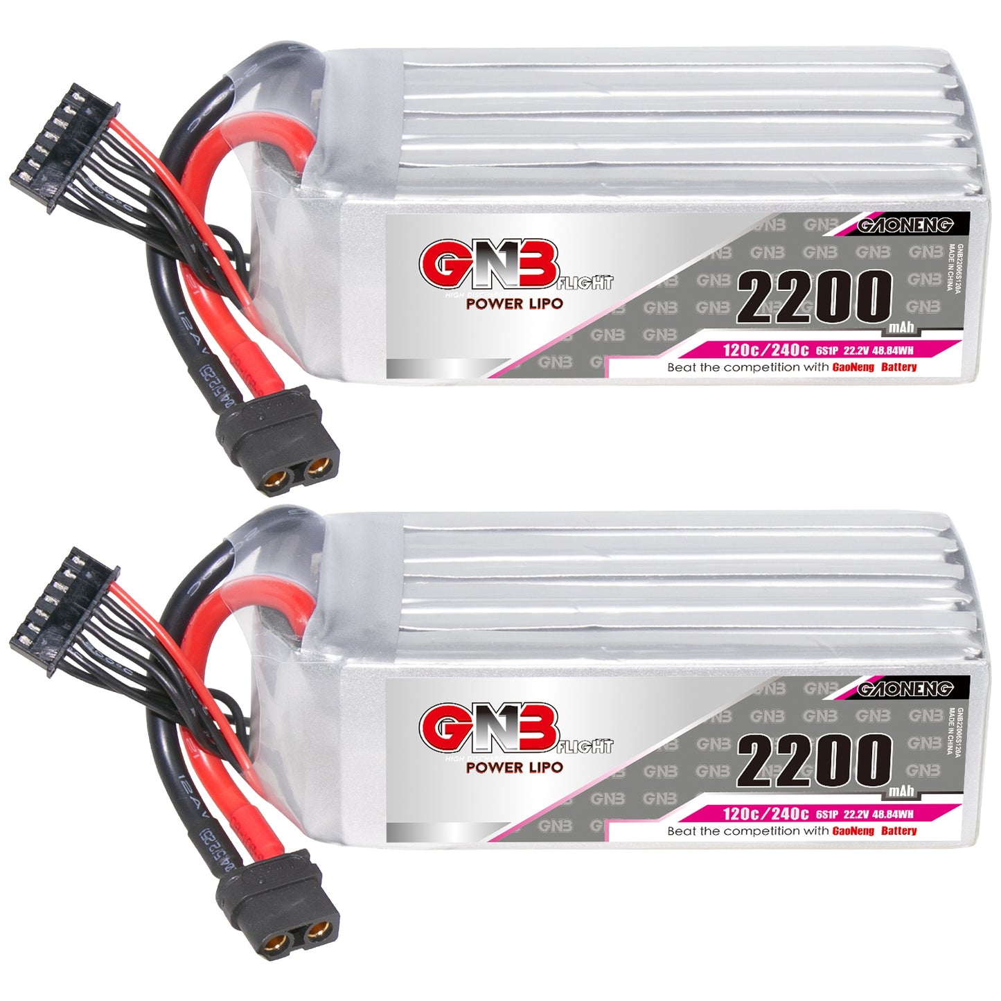 Two GAONENG GNB 6S 2200mAh 120C XT60 LiPo batteries shown side by side, front label view