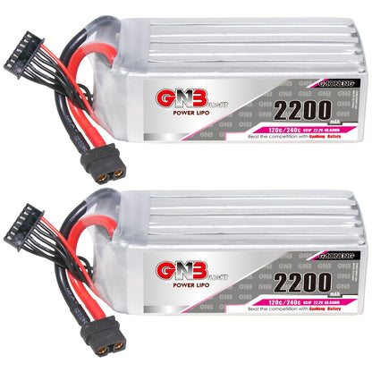 Two GAONENG GNB 6S 2200mAh 120C XT60 LiPo batteries shown side by side, front label view