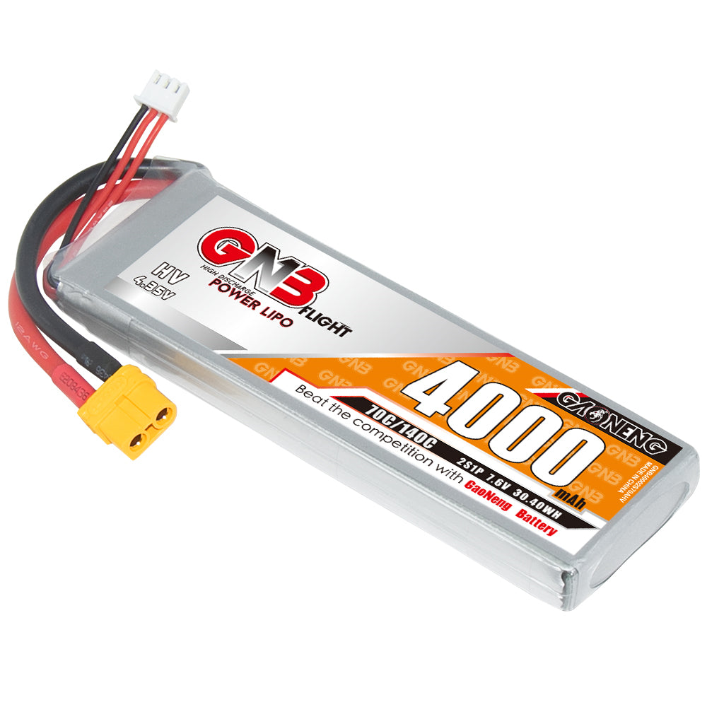Angled close view of GNB 4000mAh LiHV battery label with XT60 connector and balance lead