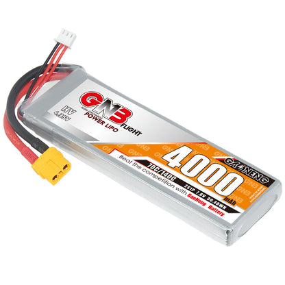 Angled close view of GNB 4000mAh LiHV battery label with XT60 connector and balance lead
