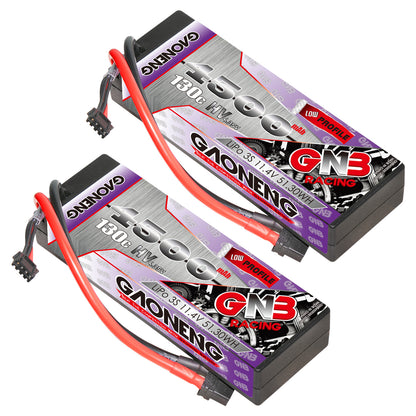 Two GAONENG GNB 4500mAh 3S LiHV hard case packs shown at angle with leads attached