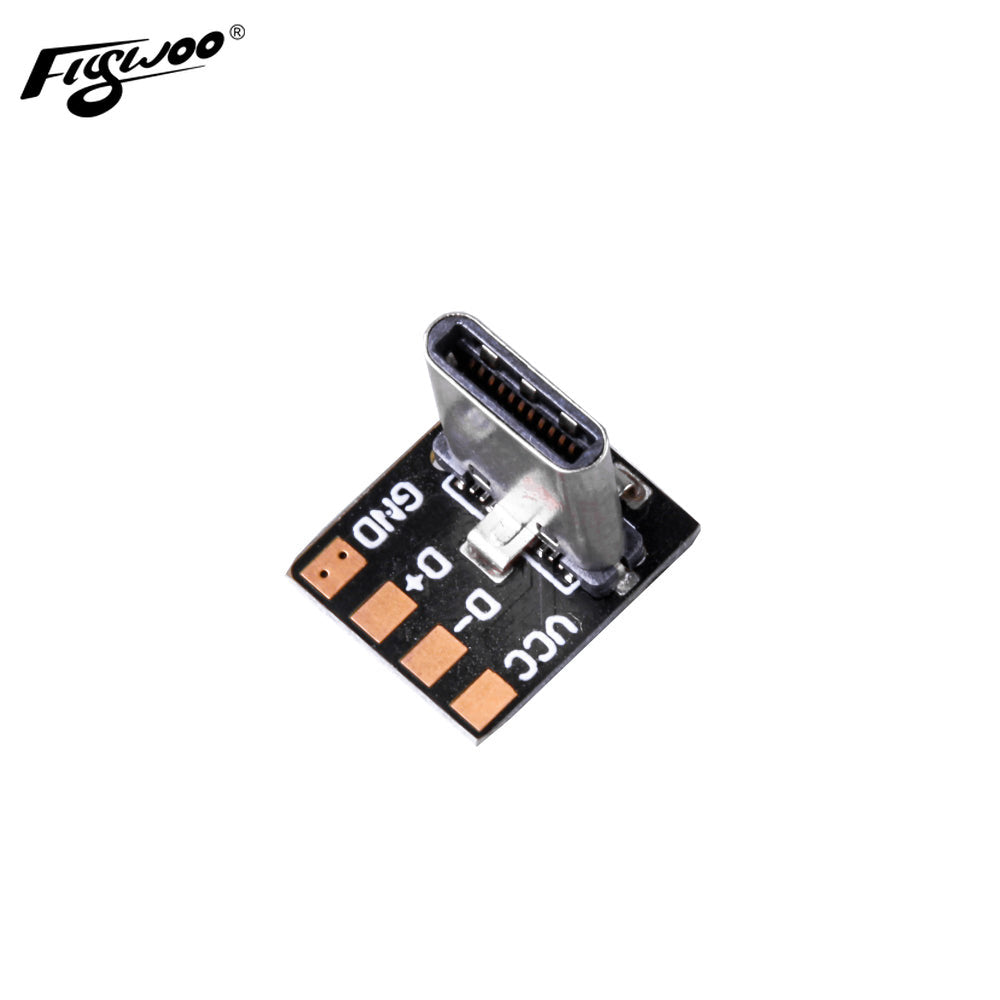 Flywoo Type-C USB adapter board with USB-C female port and labeled pads for VCC, D-, D+, and GND
