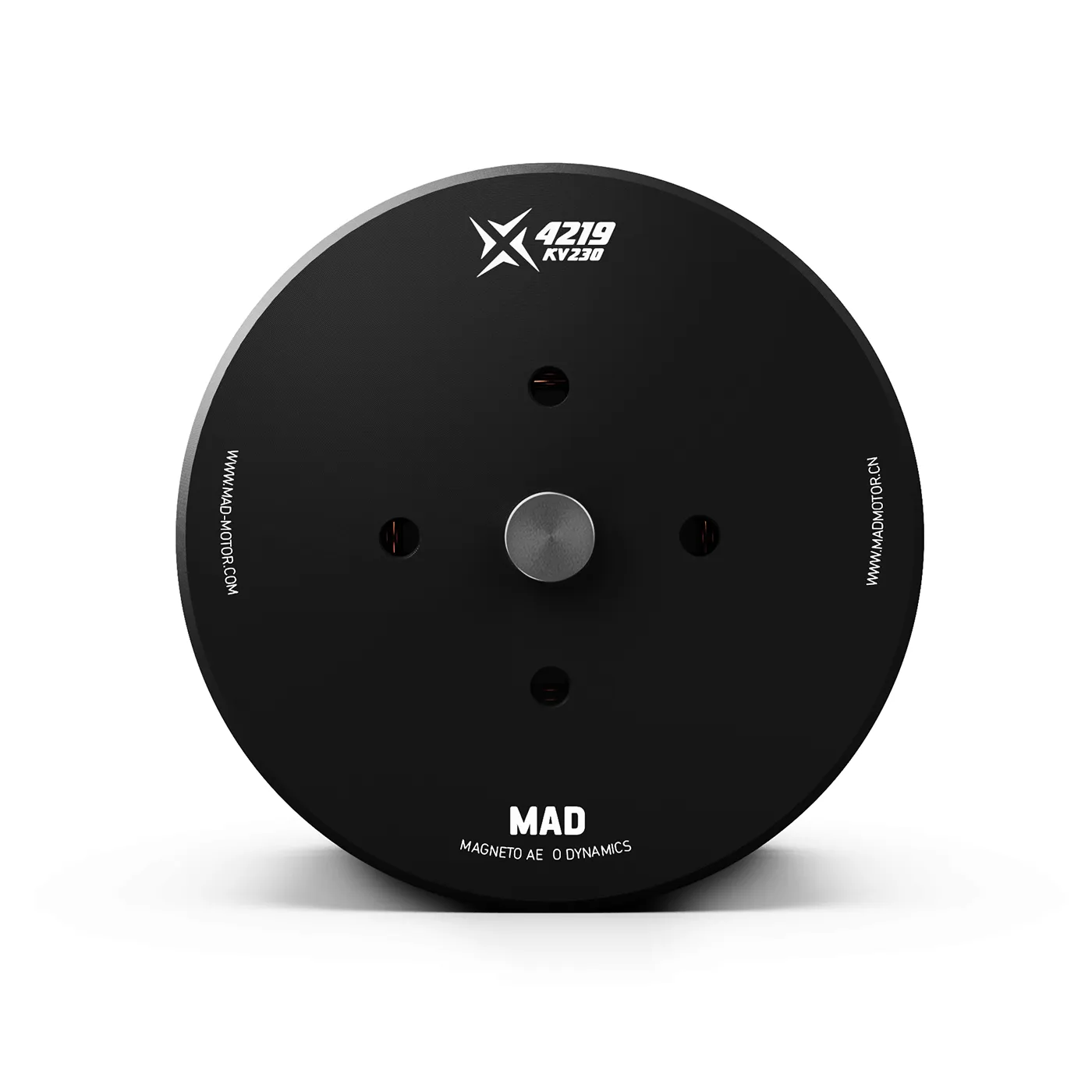 MAD X4219 Long Shaft eVTOL Airplane Drone Motor, Front view of MAD X4219 KV230 drone motor bell in black with central hub and mounting holes
