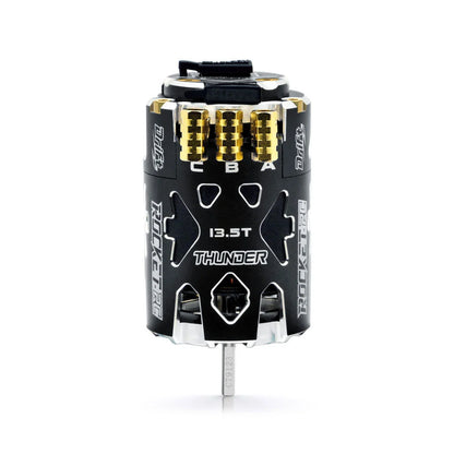Black 13.5T Thunder 540 motor with gold A, B, and C phase terminals and output shaft