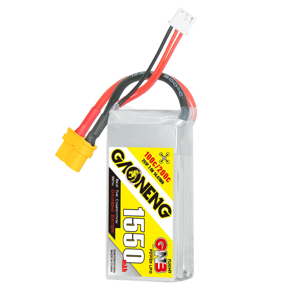 Single GAONENG GNB 1550mAh 2S LiPo battery upright with XT60 connector and balance lead