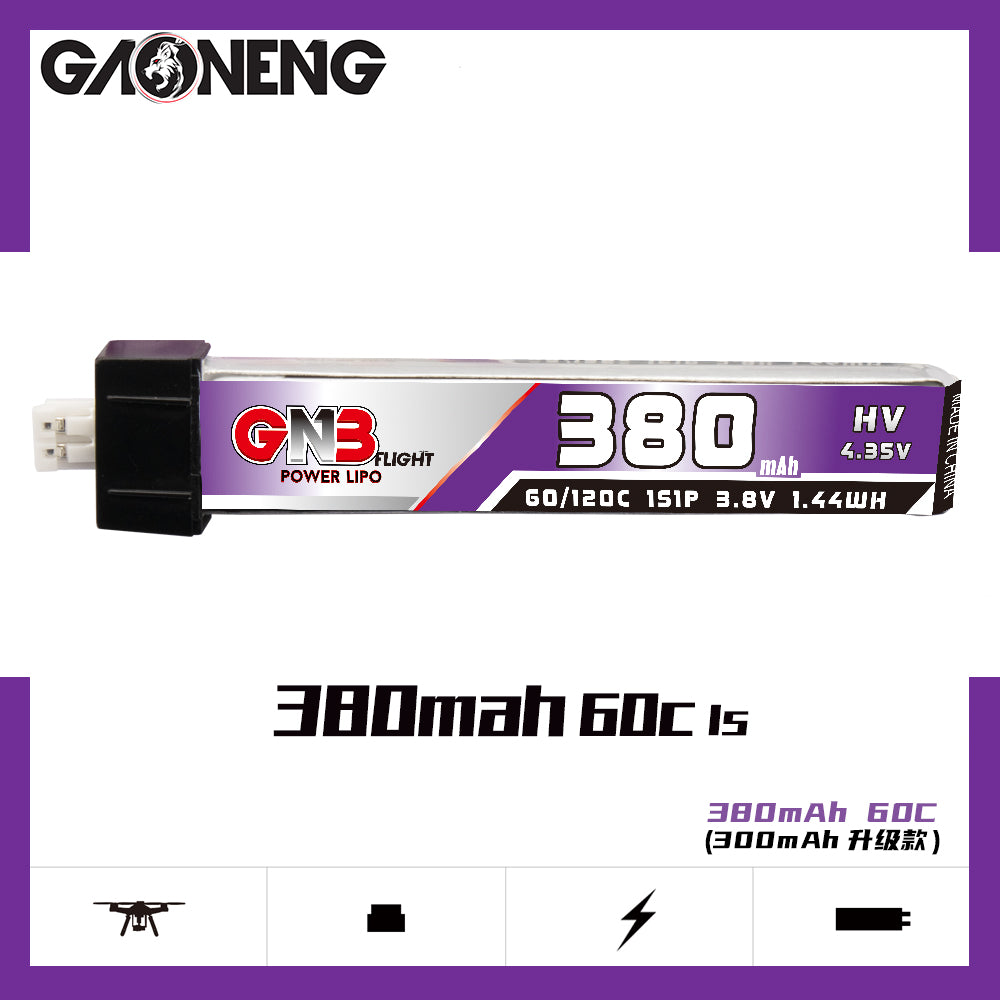 GAONENG GNB 380mAh HV 4.35V battery side profile, label with 60/120C and 1S 3.8V