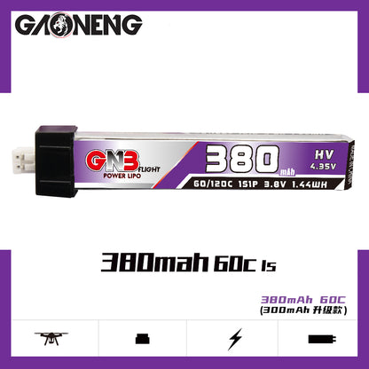 GAONENG GNB 380mAh HV 4.35V battery side profile, label with 60/120C and 1S 3.8V