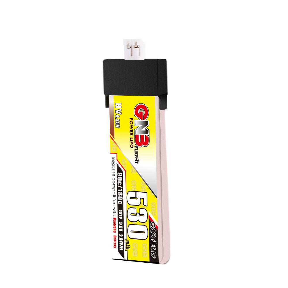 GAONENG GNB530 1S 3.8V 530mAh LiHV 90C battery with PH2.0 connector, upright front view