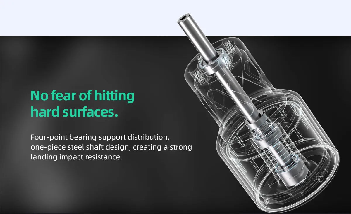 no fear of hitting hard surfaces. Four-point bearing support distribution, one-piece steel shaft