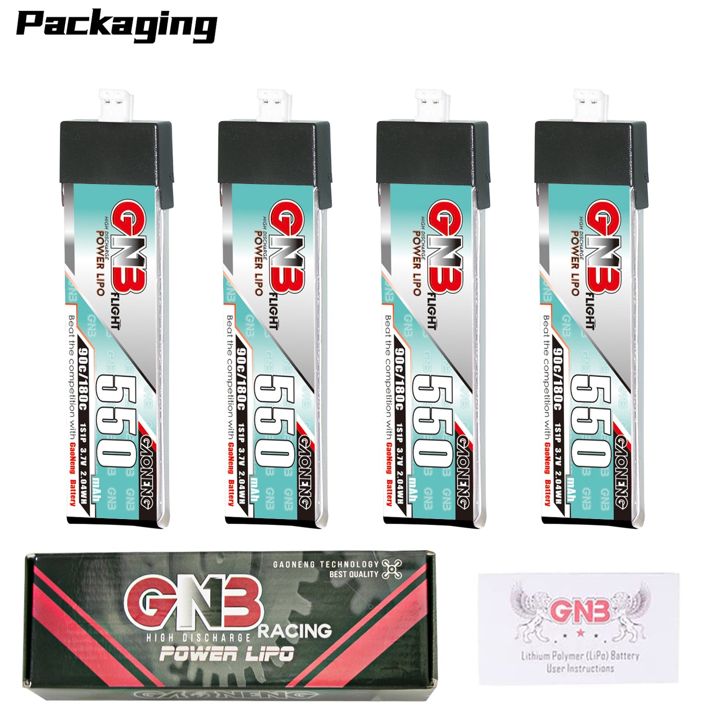 Packaging contents: four GNB 550 batteries, GNB Racing Power LiPo box, and instruction card