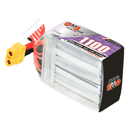 GAONENG GNB 1100mAh LiHV 6S LiPo battery, angled view showing stacked cells and XT60 plug
