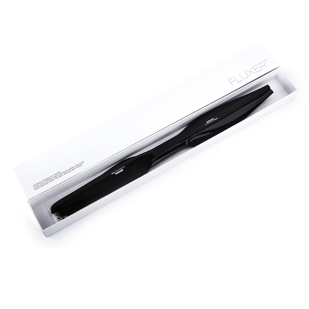 Black Fluxer drone propeller in white retail box, long two-blade design for an 18-inch setup