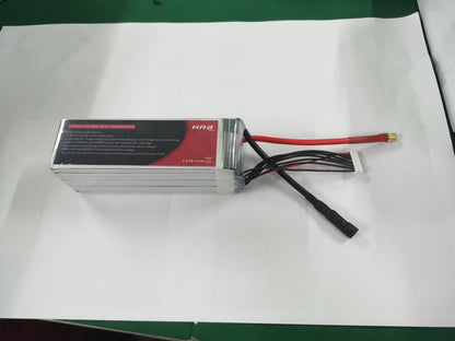 Side view of HRB 8S LiPo battery showing warning label and main power lead with balance connector