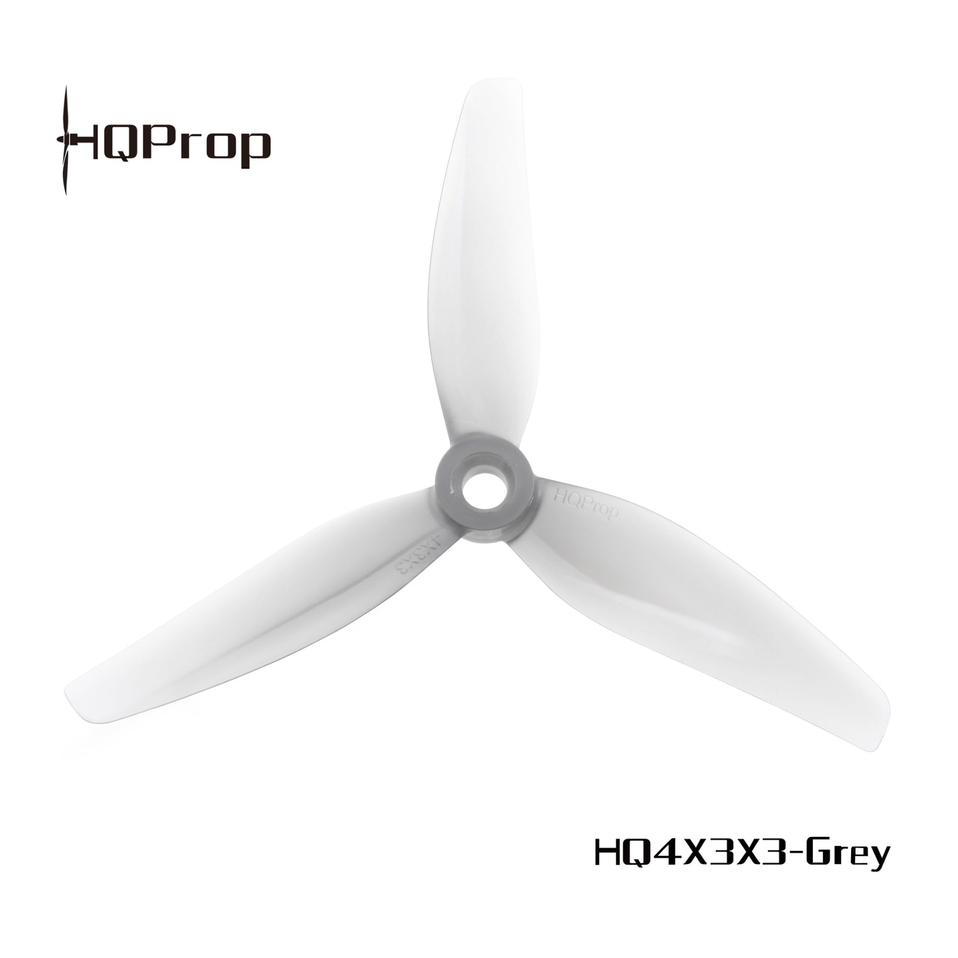 HQProp HQ4X3X3-Grey 3-blade propeller, top view with 5mm center hub opening