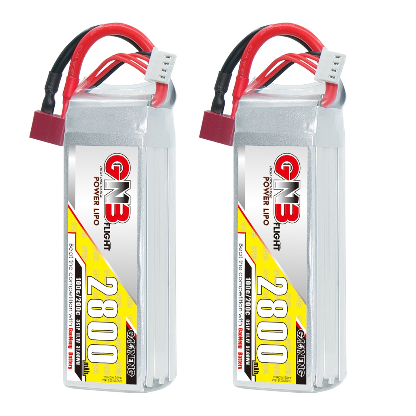 Two GAONENG GNB 2800mAh 3S LiPo batteries shown upright with T-plug connectors