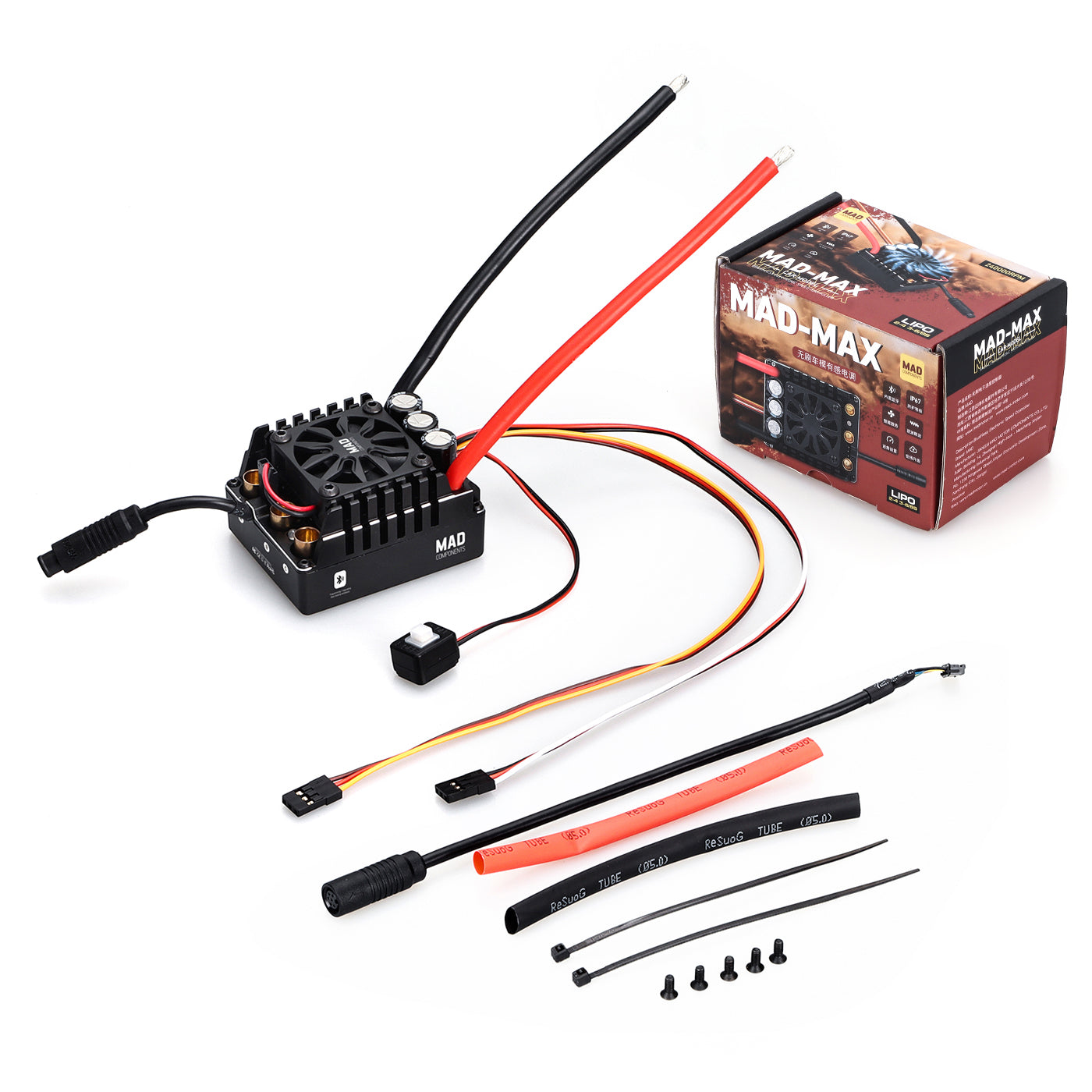 MAD MAX4 160A HV 3-6S Brushless Sensored ESC, Mad Max4 HV brushless sensored ESC with cooling fan, power leads, signal cables, and included hardware