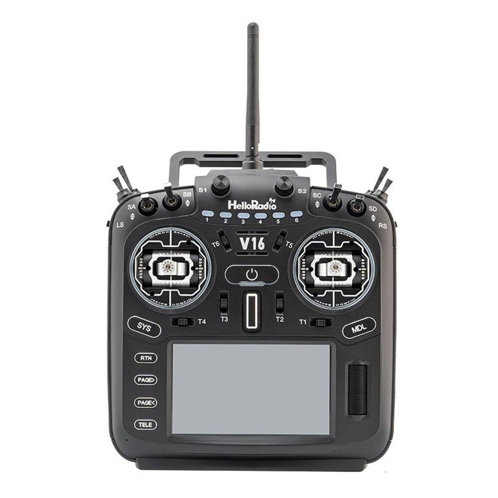 HelloRadioSky V16R transmitter front view showing switches, dual gimbals, antenna, and large screen