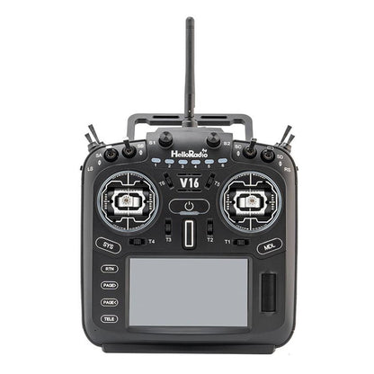 HelloRadioSky V16R transmitter front view showing switches, dual gimbals, antenna, and large screen