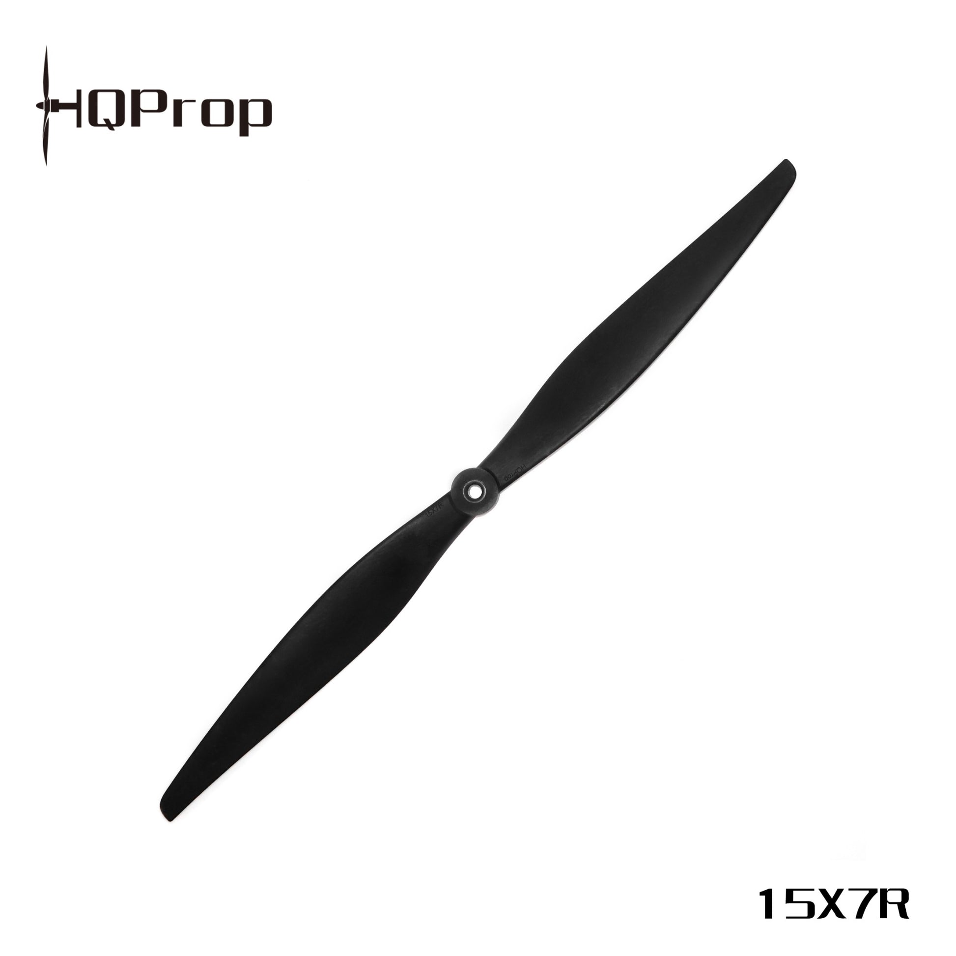 HQProp 15X7R black two-blade propeller, single prop view with size marking