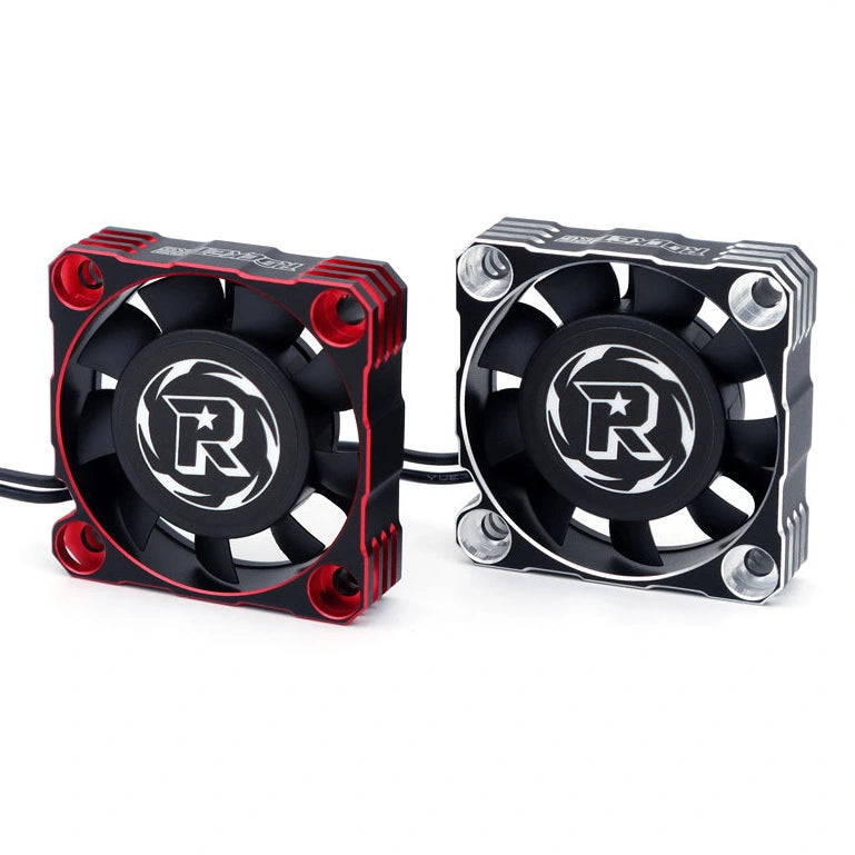 Rocket-RC aluminum cooling fans for RC car motor and ESC cooling, red and silver front views