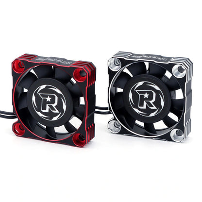 Rocket-RC aluminum cooling fans for RC car motor and ESC cooling, red and silver front views