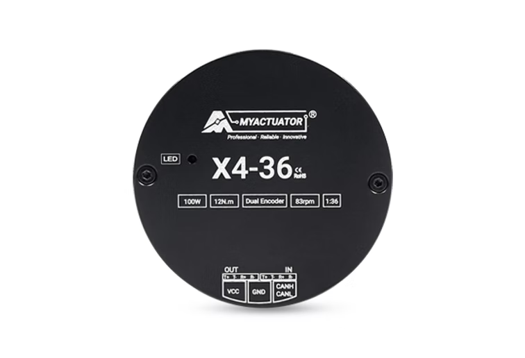 MyActuator X4-36: 100W, 12N.m torque, dual encoder, 83rpm, 1:36 gear ratio.