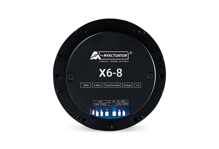 MyActuator X6-8: 135W, 4.5N·m torque, 310rpm, 1:8 gear ratio, dual encoder, CAN interface, 5V LED indicators, TX/RX/GND connections.