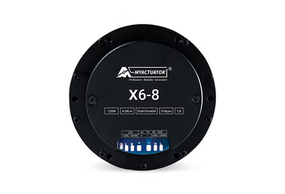 MyActuator X6-8: 135W, 4.5N·m torque, 310rpm, 1:8 gear ratio, dual encoder, CAN interface, 5V LED indicators, TX/RX/GND connections.
