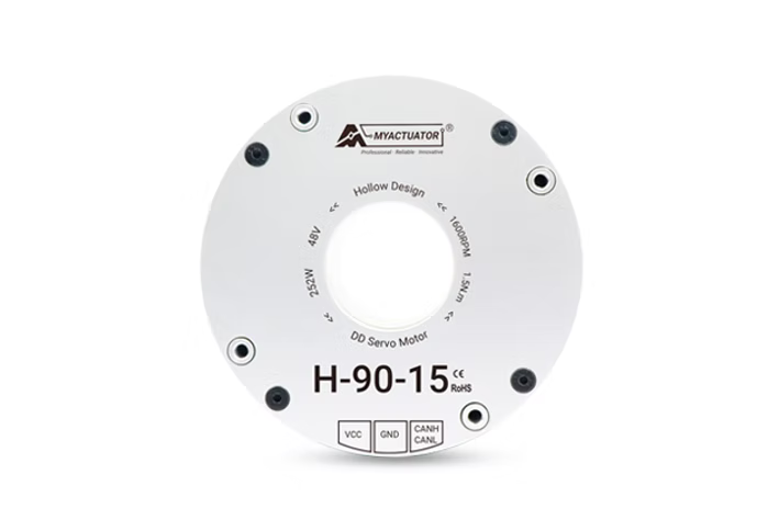 MyActuator H-90-15 48V hollow direct-drive servo motor delivers 1.5N·m torque, 1600RPM speed, 750W power, features CAN Bus, RoHS compliance.