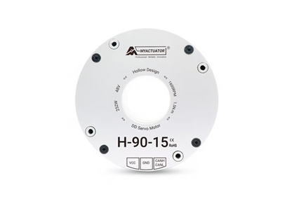 MyActuator H-90-15 48V hollow direct-drive servo motor delivers 1.5N·m torque, 1600RPM speed, 750W power, features CAN Bus, RoHS compliance.