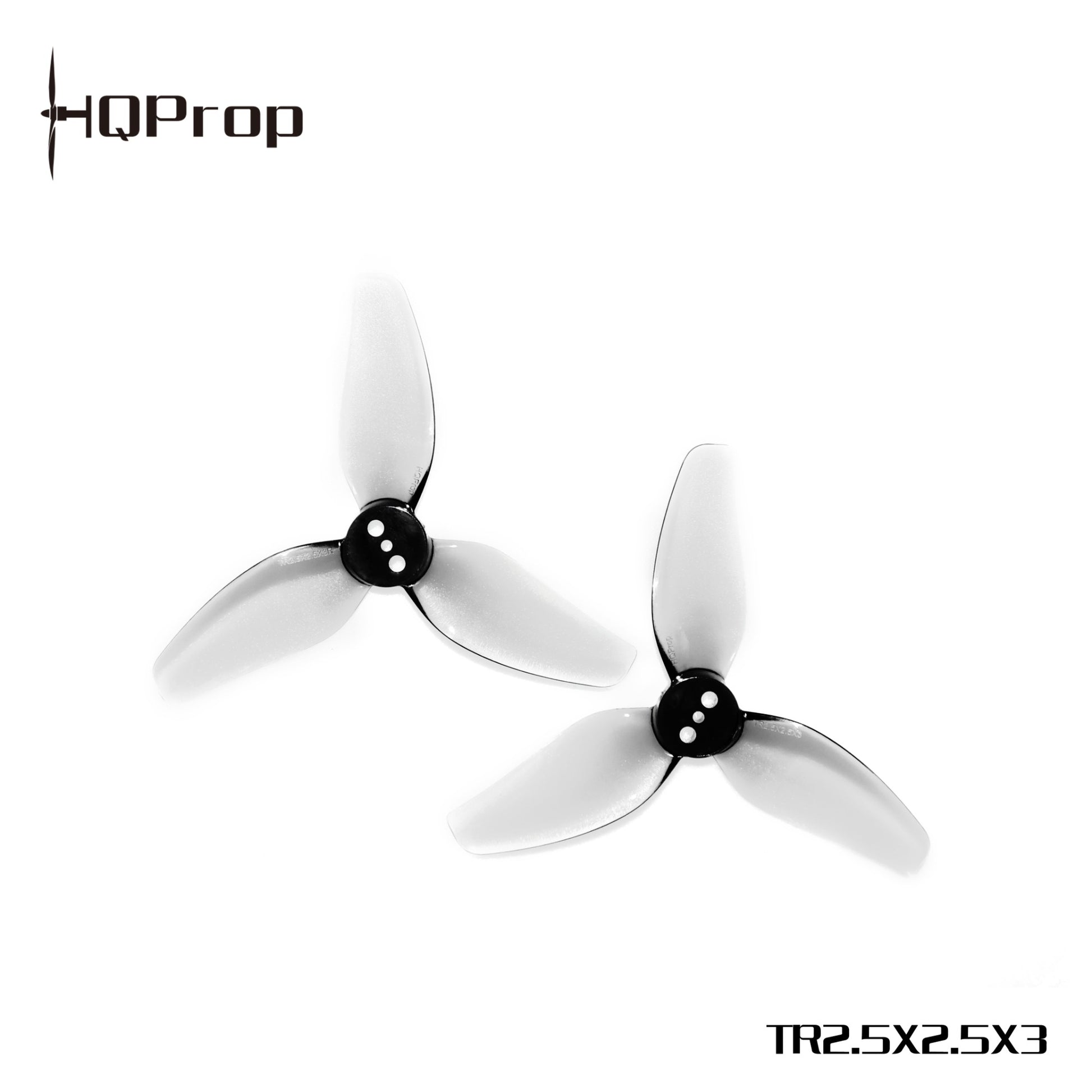 Two grey HQProp TR2.5X2.5X3 3-blade 2.5in props on white background with printed model label