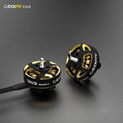 CADDXFPV 1303 6000KV 2–4S Brushless Motor, CADDX FPV motors: 1303 6000KV, 2-4S, robust, high-performance, black/gold, optimal flight.