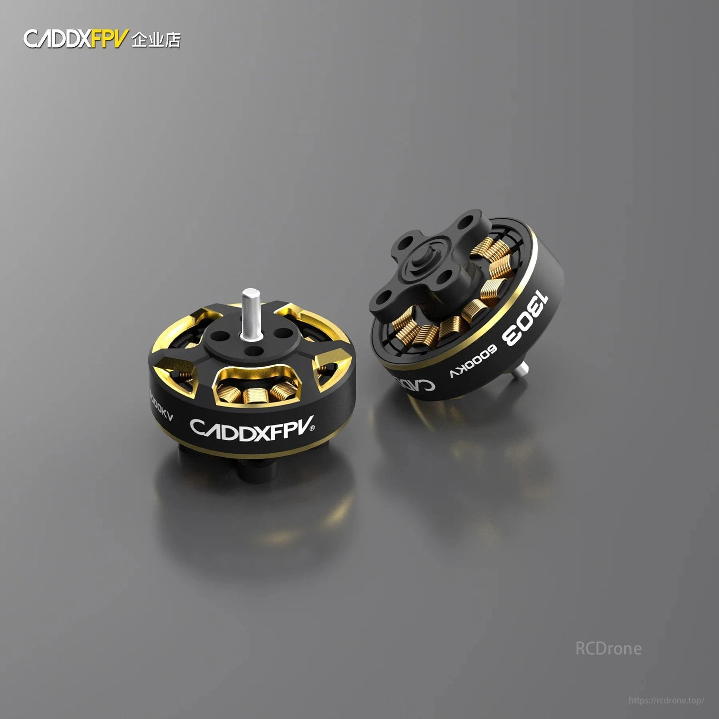 CADDXFPV 1303 6000KV 2–4S Brushless Motor, CADDX FPV 1303 6000KV brushless motors for drones, compatible with 2-4S batteries, available in gold and black.